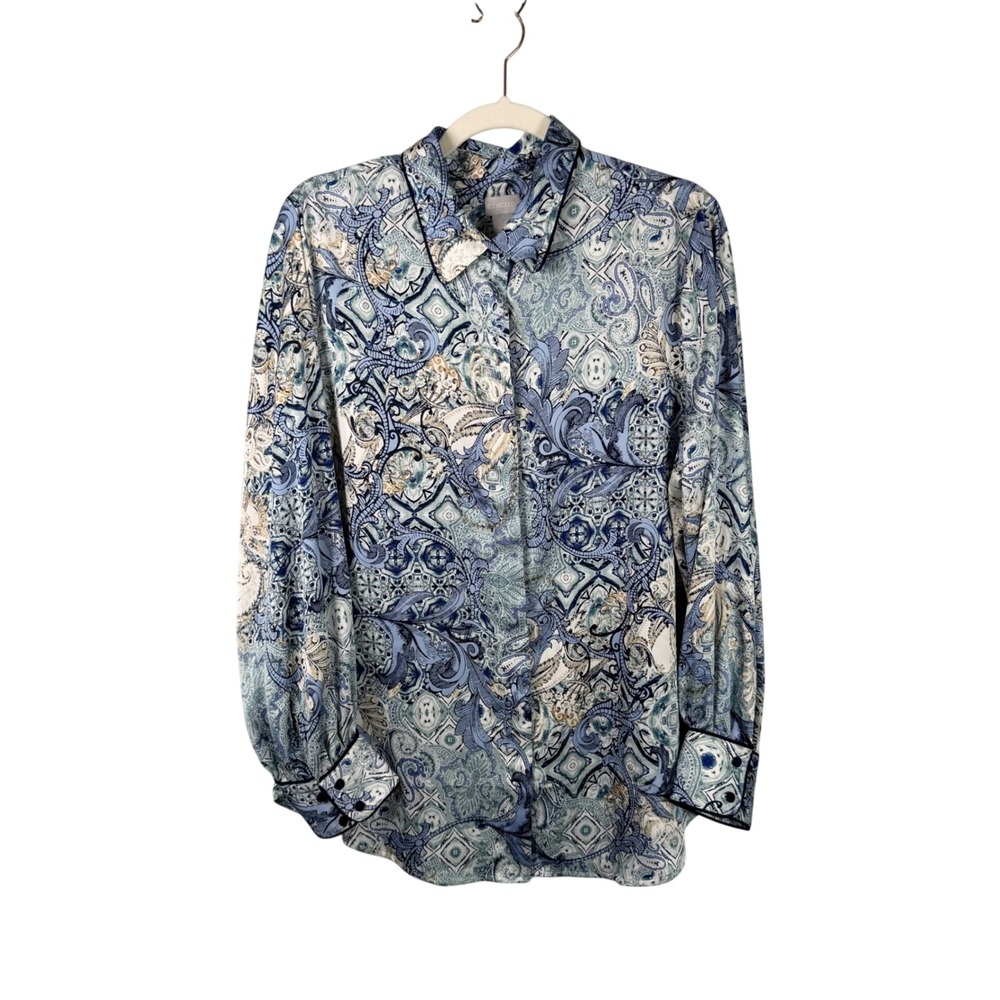 Chico's Blue Paisley Print Button Up Blouse 2 Long Sleeve Chic Art to Wear